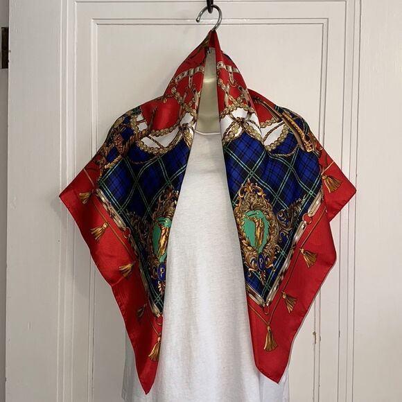 Vintage 80s/90s large polo, horses, bridle themed red, blue & gold scarf - Picture 7 of 8